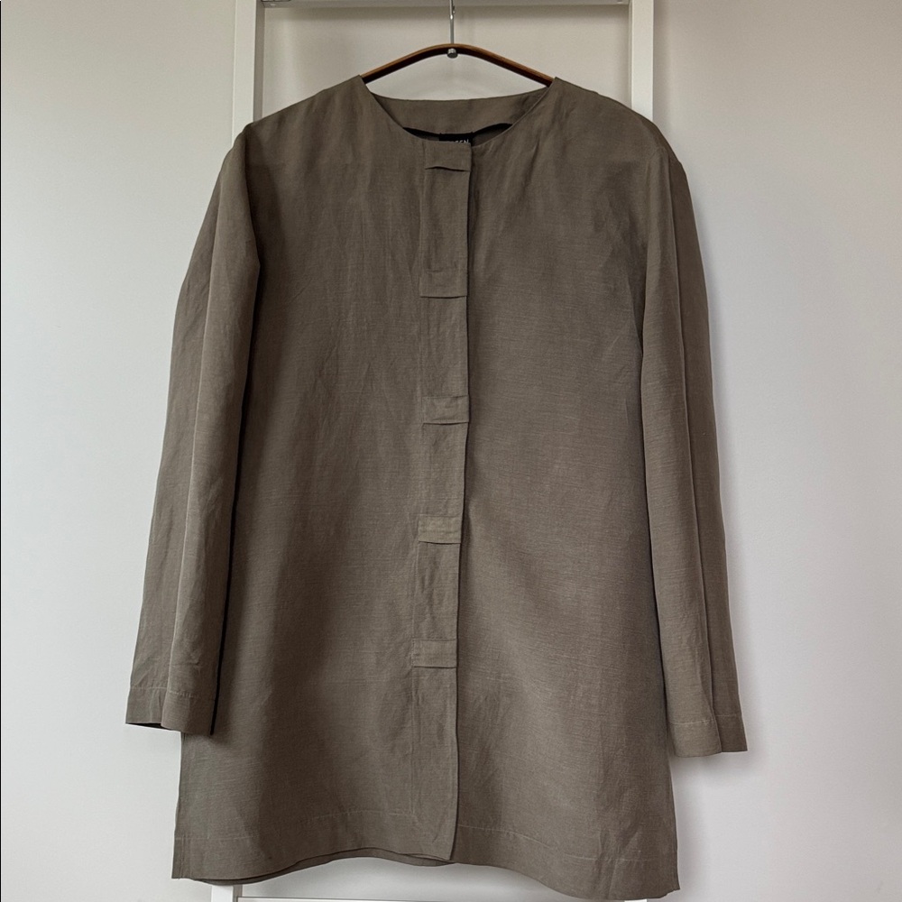 Eileen Fisher Gray Linen + Silk Blend Collarless Tunic Top